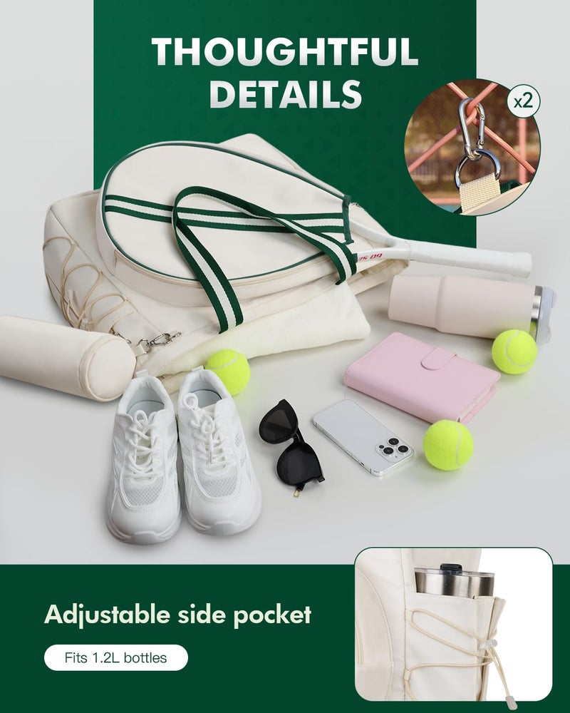 Movker Tennis Bag for Women Men Tote Bag with Shoe Compartment & Wet Pocket, Fits 2 Rackets & 15.6â€ Laptop, Durable Sports Gym Overnight Weekender Bag with Fence Hook(Beige-green) - Image 2