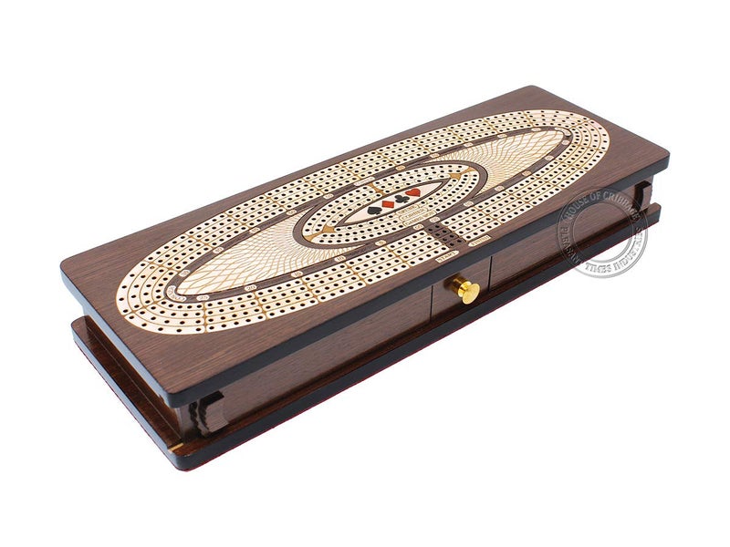 House of Cribbage - Continuous Cribbage Board/Box Inlaid in Wenge Wood/Maple : 4 Track - Sliding Lids, Drawer & Metal Pegs with Score Marking Fields for Skunks, Corners and Won Games - Image 3