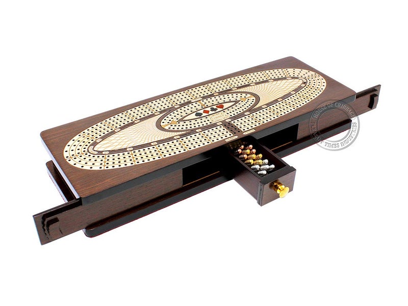 House of Cribbage - Continuous Cribbage Board/Box Inlaid in Wenge Wood/Maple : 4 Track - Sliding Lids, Drawer & Metal Pegs with Score Marking Fields for Skunks, Corners and Won Games - Image 1
