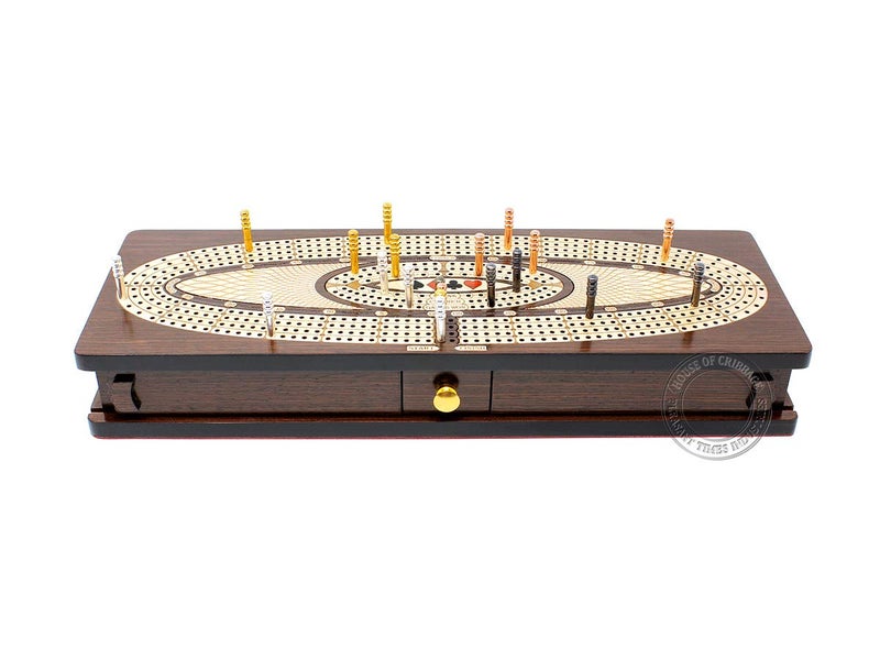 House of Cribbage - Continuous Cribbage Board/Box Inlaid in Wenge Wood/Maple : 4 Track - Sliding Lids, Drawer & Metal Pegs with Score Marking Fields for Skunks, Corners and Won Games - Image 4