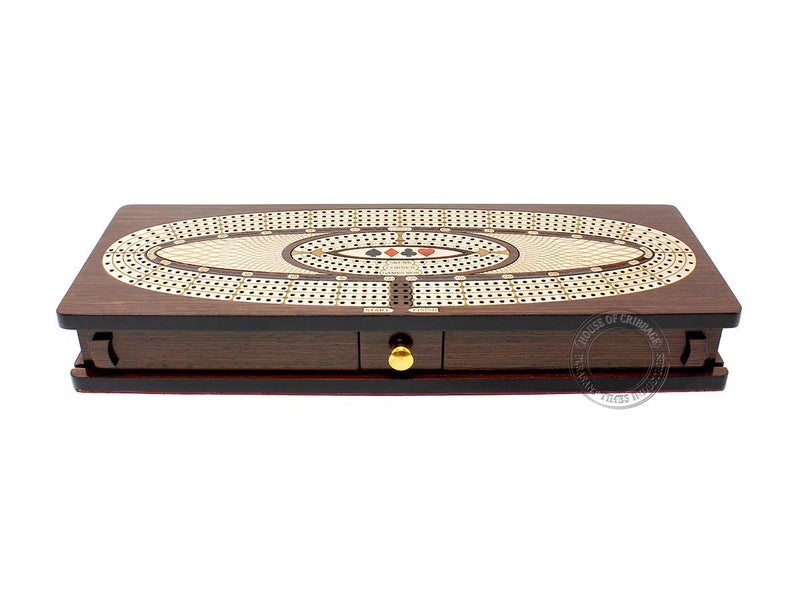 House of Cribbage - Continuous Cribbage Board/Box Inlaid in Wenge Wood/Maple : 4 Track - Sliding Lids, Drawer & Metal Pegs with Score Marking Fields for Skunks, Corners and Won Games - Image 2