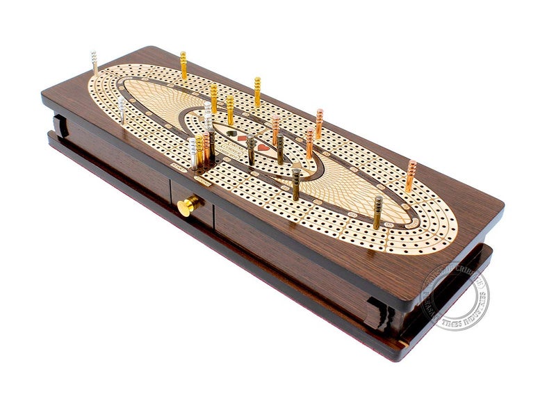 House of Cribbage - Continuous Cribbage Board/Box Inlaid in Wenge Wood/Maple : 4 Track - Sliding Lids, Drawer & Metal Pegs with Score Marking Fields for Skunks, Corners and Won Games - Image 5