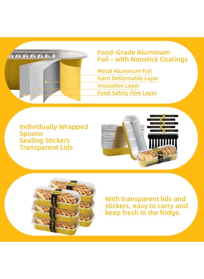 عام مقالي رغيف صغيرة مع ملصق إغلاق بأغطية وملاعق، 30 قطعة من قوالب الكيك بوزن 6.8 أونصة للخبز، صينية كعكة عيد الميلاد المصنوعة من رقائق الألومنيوم للاستعمال مرة واحدة (30 قطعة ذهبية) - Image 4