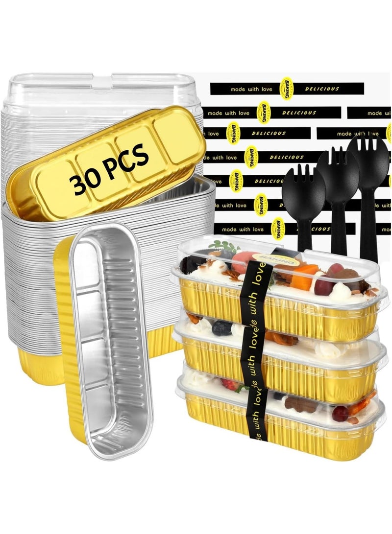 عام مقالي رغيف صغيرة مع ملصق إغلاق بأغطية وملاعق، 30 قطعة من قوالب الكيك بوزن 6.8 أونصة للخبز، صينية كعكة عيد الميلاد المصنوعة من رقائق الألومنيوم للاستعمال مرة واحدة (30 قطعة ذهبية) - Image 1