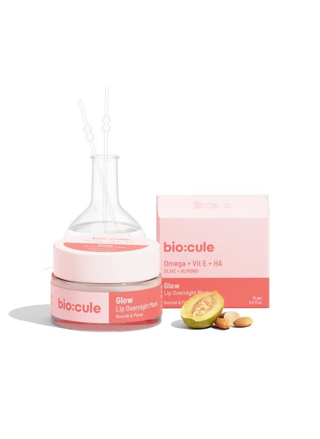 Biocule Glow Lip Overnight Sleeping Mask For Nourished Plump & Glowing Lips ; With Omega Vitamin E & Hyaluronic Acid From Olive & Almond ; For Men & Women 100% Natural 15G  - Image 1