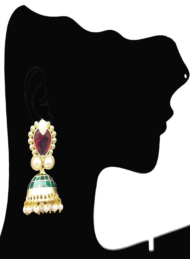 Moonstruck Traditional Minakari Jhumka Earrings for Women – Indian Gold-Tone Dome Earrings with Green, Pink Stones & Pearls for Wedding, Festive & Ethnic Wear - Image 2