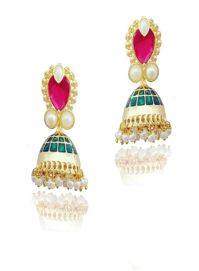 Moonstruck Traditional Minakari Jhumka Earrings for Women – Indian Gold-Tone Dome Earrings with Green, Pink Stones & Pearls for Wedding, Festive & Ethnic Wear - Image 1