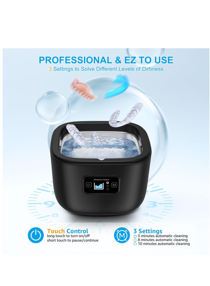 Excefore Ultrasonic Cleaner for Retainer, Denture, Mouth Guard, Aligner, Whitening Tray, Toothbrush Head, 43kHz 255ML Ultrasonic Retainer Cleaner Machine, UV Ultrasonic Jewelry Cleaner for Ring Diamond, Black - Image 3