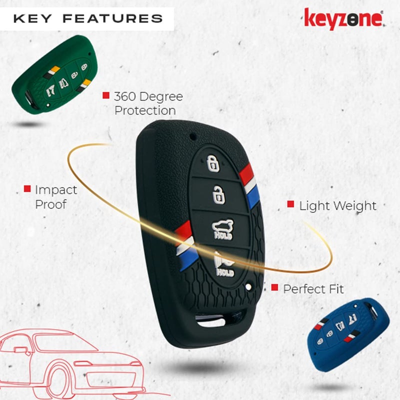 Keyzone® Striped Silicone Key Cover Compatible for i20 2020, Venue, Tucson, Elantra, i20 N Line 2021, Creta 2020 (4 Button Smart Key, Black) - Image 2