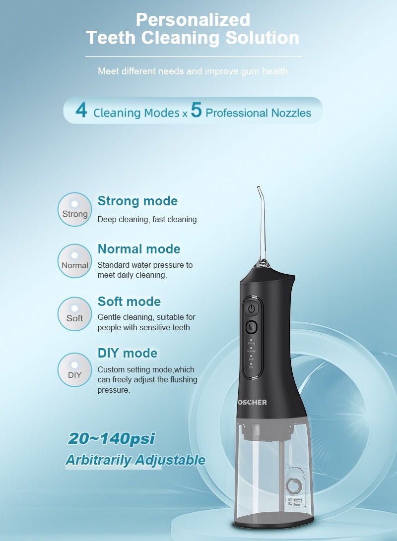 DOSCHER Water Dental Flosser for Teeth Cleaning, Portable Cordless Oral Irrigator 300ML, Rechargeable USB C with 4 Modes, Powerful Battery for Travel Home - Image 2