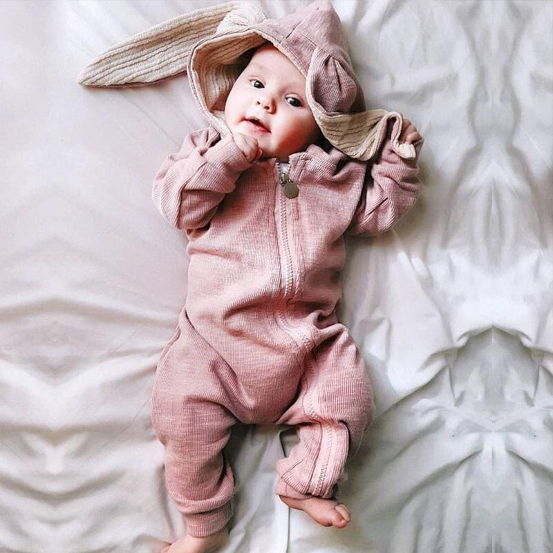 Simplee kids Animal Bunny Baby Easter Clothes Long Ear Rabbit Hoodie Romper with Zipper Pink 0-3 Months - Image 3