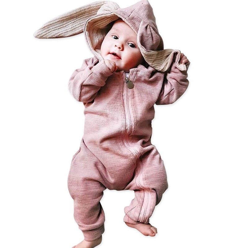 Simplee kids Animal Bunny Baby Easter Clothes Long Ear Rabbit Hoodie Romper with Zipper Pink 0-3 Months - Image 1