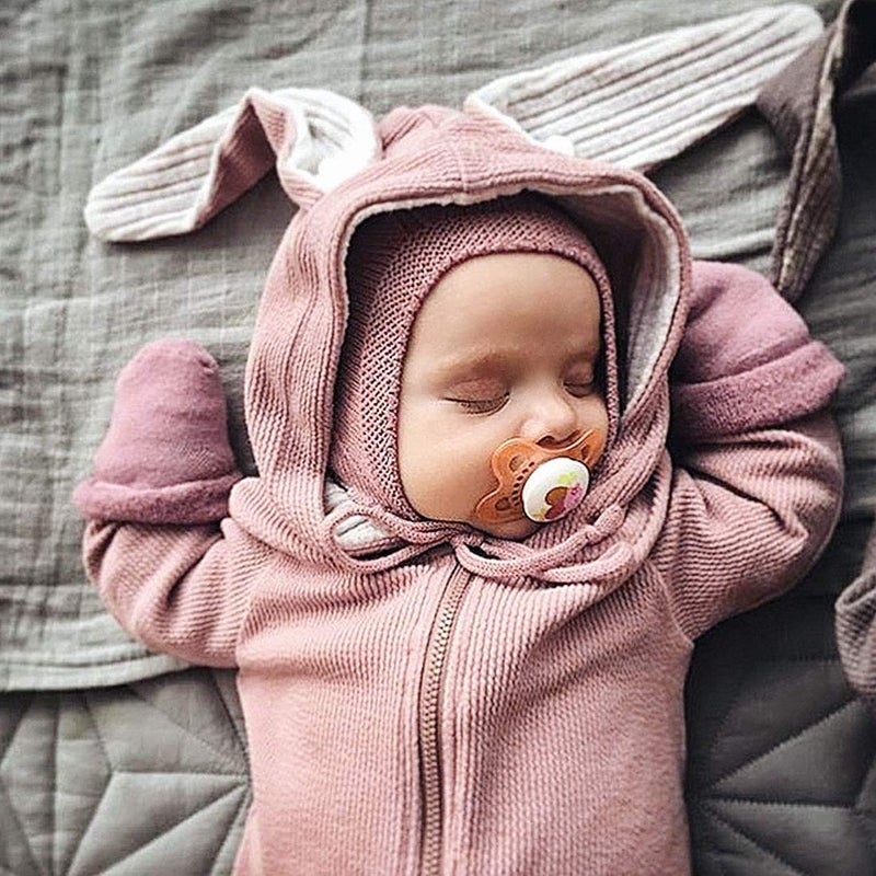 Simplee kids Animal Bunny Baby Easter Clothes Long Ear Rabbit Hoodie Romper with Zipper Pink 0-3 Months - Image 2