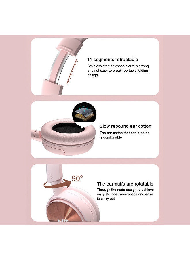 NIA NIA Q2 Foldable On Ear Headset Wireless Bluetooth Headphones 3.5mm AUX IN Music Earphone TF Card MP3 Player FM Radio with Microphone APP Control Pink  - Image 2