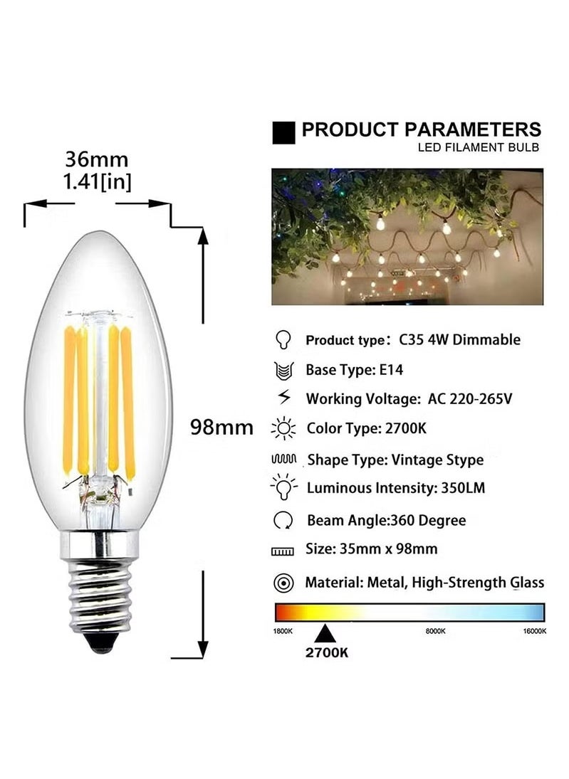E14 LED Light Bulb, 4 Pack C35 Filament Candle Bulbs, 40W Equivalent, SES 4W, LED Filament Light Bulb, Warm White 2700K, Decorative Light Bulbs Retro Clear Glass