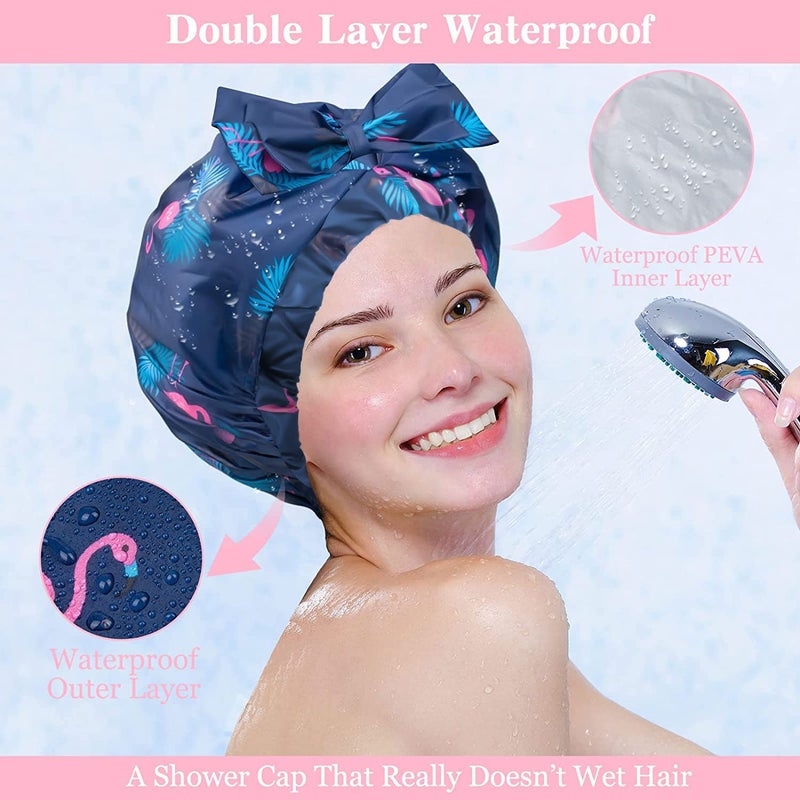 WINSTECK 2 PCS Waterproof Shower Caps, Oversized Adjustable Hair Cap with Bow Knot for Women, Reusable Double Layer Waterproof Bathing Cap for Shower, Spa, Makeup, Design for All Hair Lengths/Style - Image 4