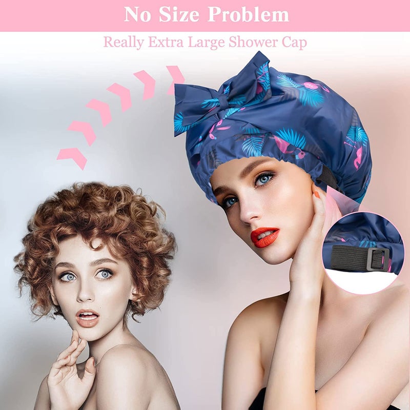 WINSTECK 2 PCS Waterproof Shower Caps, Oversized Adjustable Hair Cap with Bow Knot for Women, Reusable Double Layer Waterproof Bathing Cap for Shower, Spa, Makeup, Design for All Hair Lengths/Style - Image 2