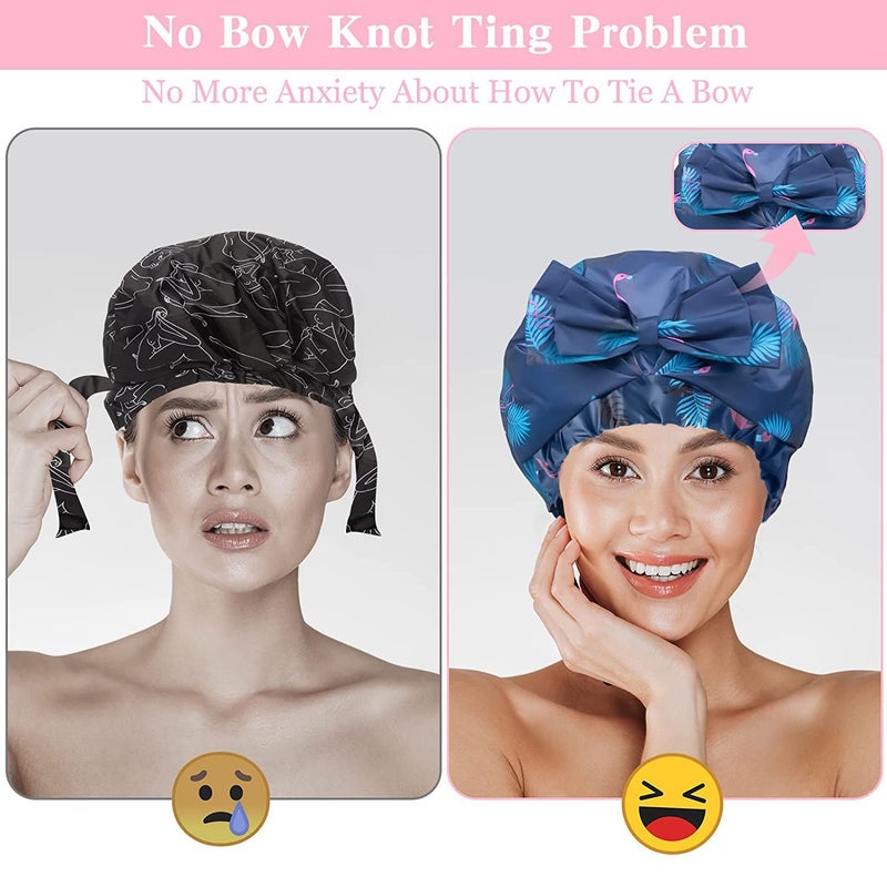 WINSTECK 2 PCS Waterproof Shower Caps, Oversized Adjustable Hair Cap with Bow Knot for Women, Reusable Double Layer Waterproof Bathing Cap for Shower, Spa, Makeup, Design for All Hair Lengths/Style - Image 5