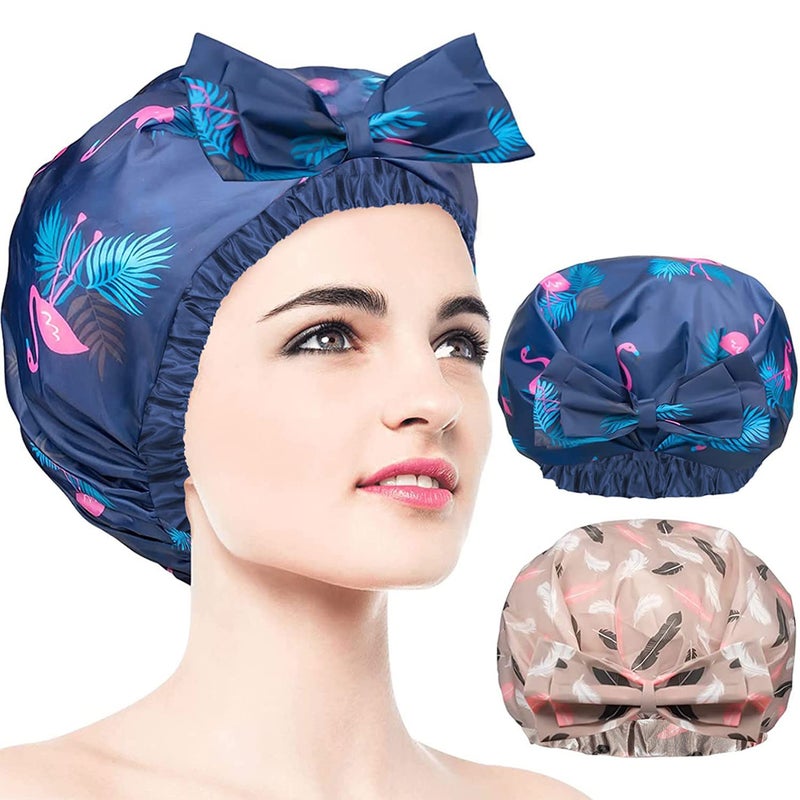 WINSTECK 2 PCS Waterproof Shower Caps, Oversized Adjustable Hair Cap with Bow Knot for Women, Reusable Double Layer Waterproof Bathing Cap for Shower, Spa, Makeup, Design for All Hair Lengths/Style - Image 1
