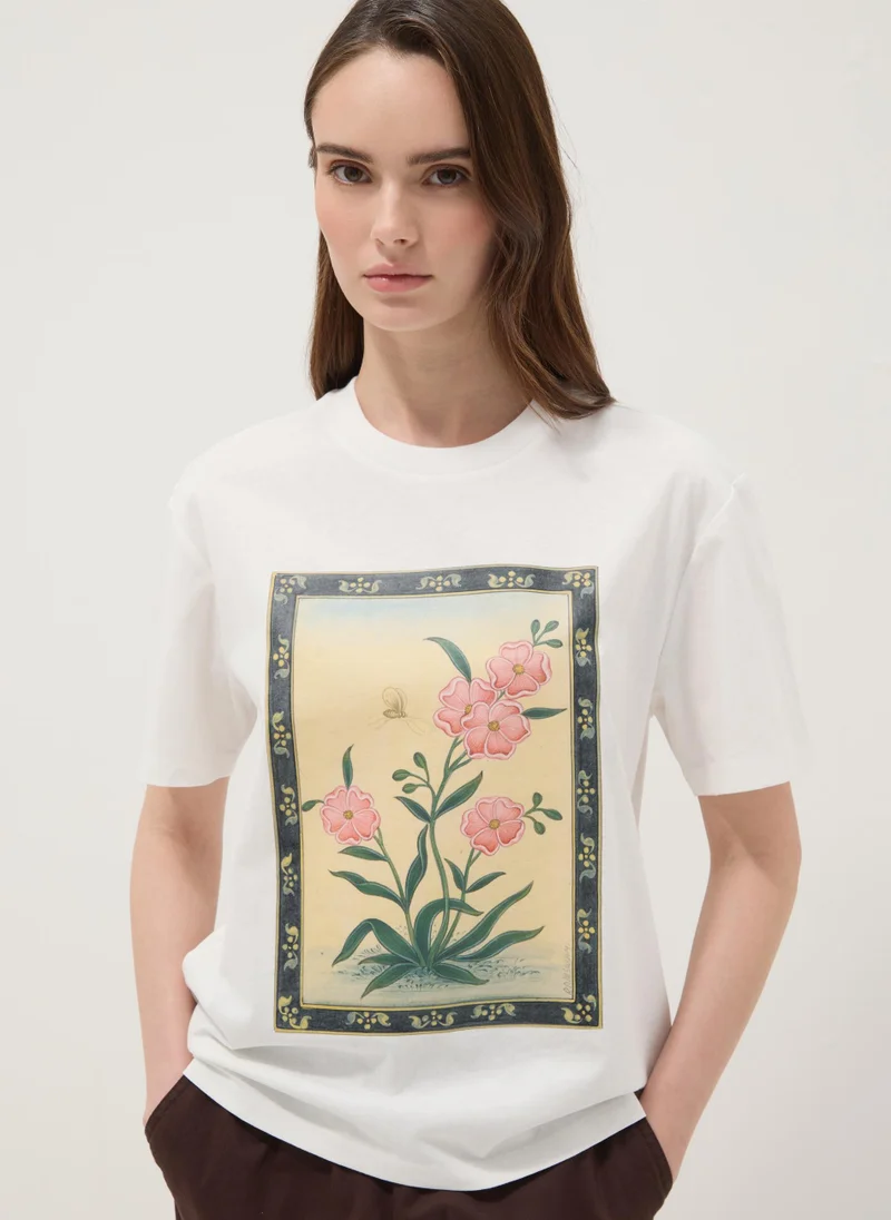 Ovs  OVS White Pure Cotton T-Shirt With Floral Print for Women | Best Price UAE