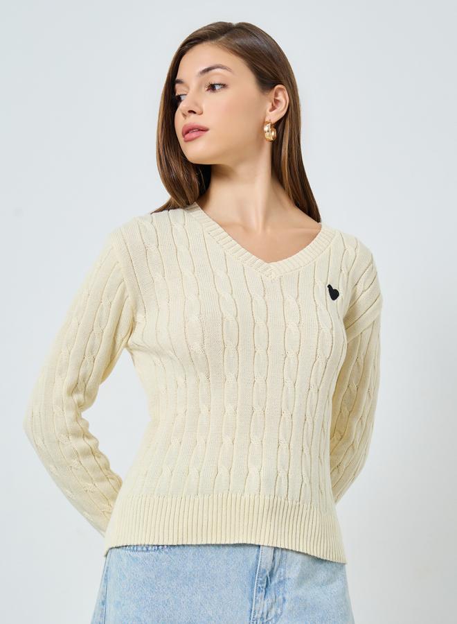 Styli Beige Cable Knit V-Neck Sweater - Image 3
