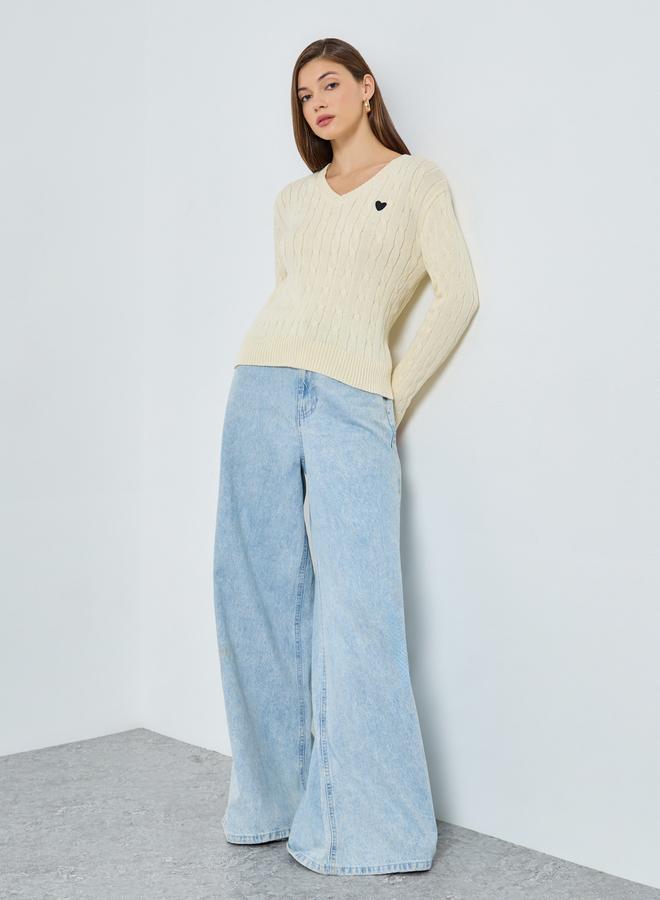 Styli Beige Cable Knit V-Neck Sweater - Image 2