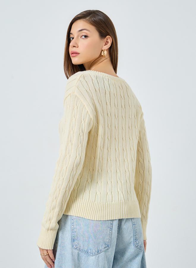 Styli Beige Cable Knit V-Neck Sweater - Image 5