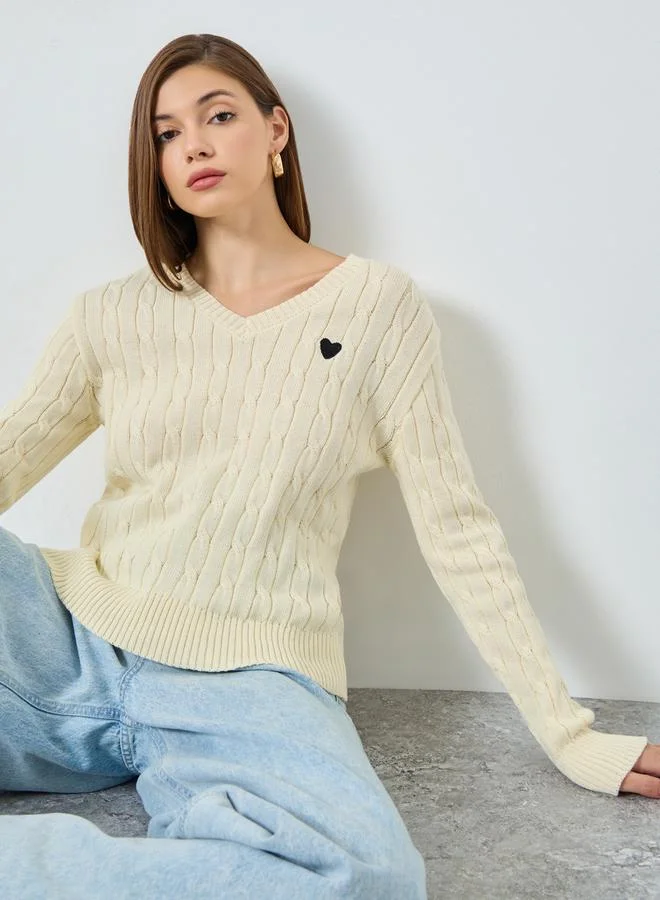 Styli Beige Cable Knit V-Neck Sweater