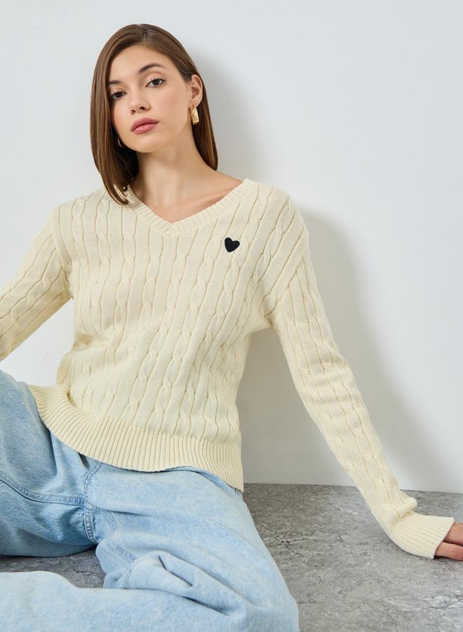 Styli Beige Cable Knit V-Neck Sweater - Image 1