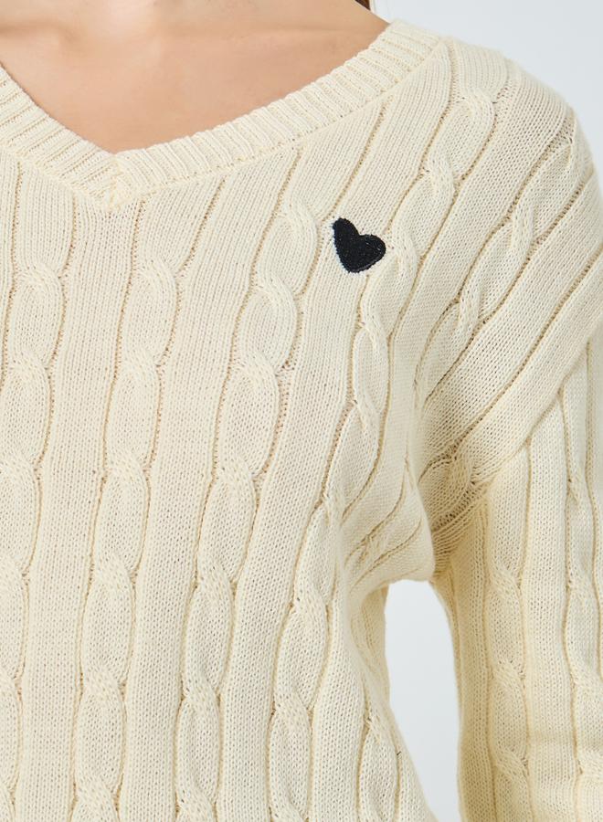 Styli Beige Cable Knit V-Neck Sweater - Image 4