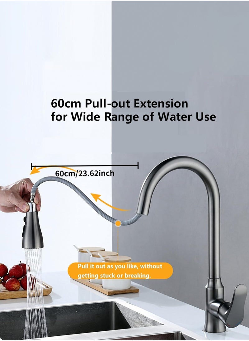 LOOPITYS Grey pull-down spray gun kitchen faucet, 360 degree rotary kitchen faucet, kitchen sink faucet, single handle cold and hot water mixer with three nozzle modes  - Image 3