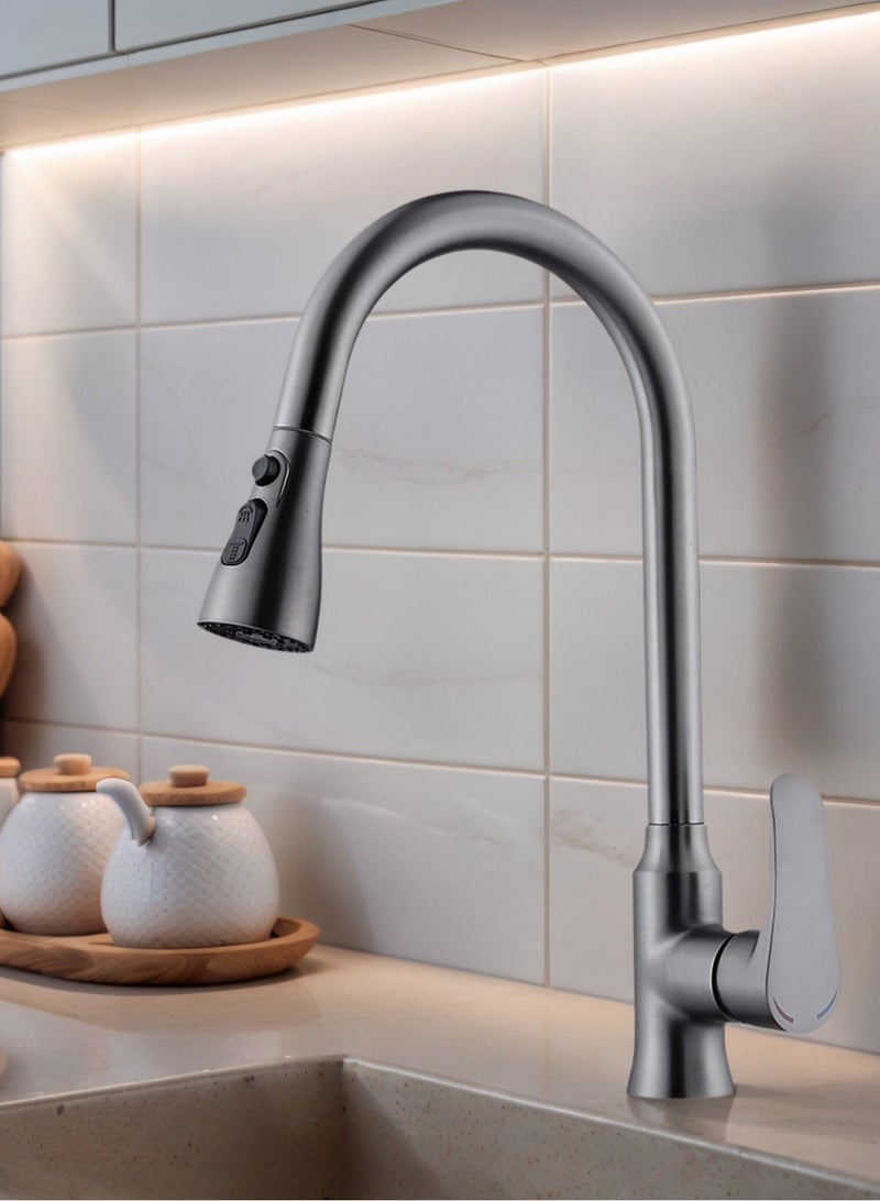 LOOPITYS Grey pull-down spray gun kitchen faucet, 360 degree rotary kitchen faucet, kitchen sink faucet, single handle cold and hot water mixer with three nozzle modes - Image 1