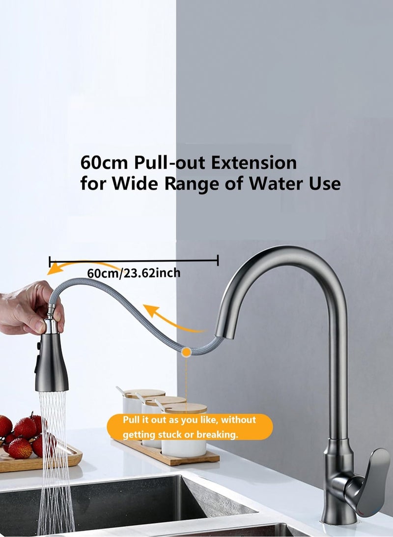 LOOPITYS Grey pull-down spray gun kitchen faucet, 360 degree rotary kitchen faucet, kitchen sink faucet, single handle cold and hot water mixer with three nozzle modes - Image 4