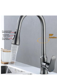 LOOPITYS Grey pull-down spray gun kitchen faucet, 360 degree rotary kitchen faucet, kitchen sink faucet, single handle cold and hot water mixer with three nozzle modes  - Image 5