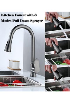 LOOPITYS Grey pull-down spray gun kitchen faucet, 360 degree rotary kitchen faucet, kitchen sink faucet, single handle cold and hot water mixer with three nozzle modes  - Image 2
