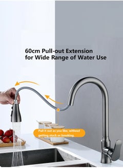 LOOPITYS Grey pull-down spray gun kitchen faucet, 360 degree rotary kitchen faucet, kitchen sink faucet, single handle cold and hot water mixer with three nozzle modes  - Image 3