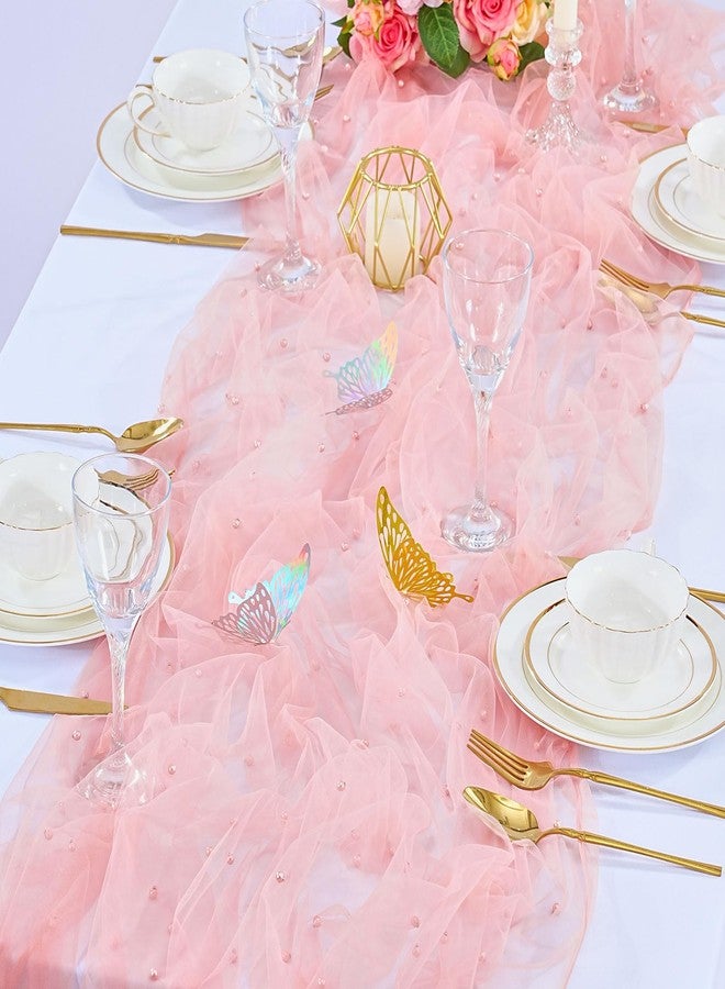 LuoluoHouse Blush Pearl Table Cloth: Wedding Table Runner Decor 10ft Tulle Fabric for Party Bridal Shower Wedding Arch Veil Lace Table Runner Decorations 60x120 Inch - Image 3