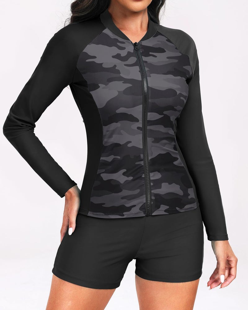 Holipick Camo Long Sleeve Swimsuits for Women - 3 Piece Rash Guard with Shorts Zipper SPF Swim Shirt with Built in Bra M - Image 3