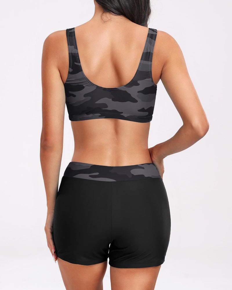 Holipick Camo Long Sleeve Swimsuits for Women - 3 Piece Rash Guard with Shorts Zipper SPF Swim Shirt with Built in Bra M - Image 2