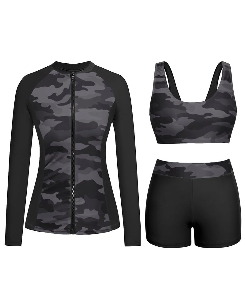 Holipick Camo Long Sleeve Swimsuits for Women - 3 Piece Rash Guard with Shorts Zipper SPF Swim Shirt with Built in Bra M - Image 1