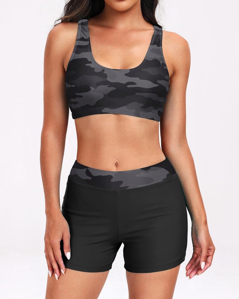 Holipick Camo Long Sleeve Swimsuits for Women - 3 Piece Rash Guard with Shorts Zipper SPF Swim Shirt with Built in Bra M - Image 4