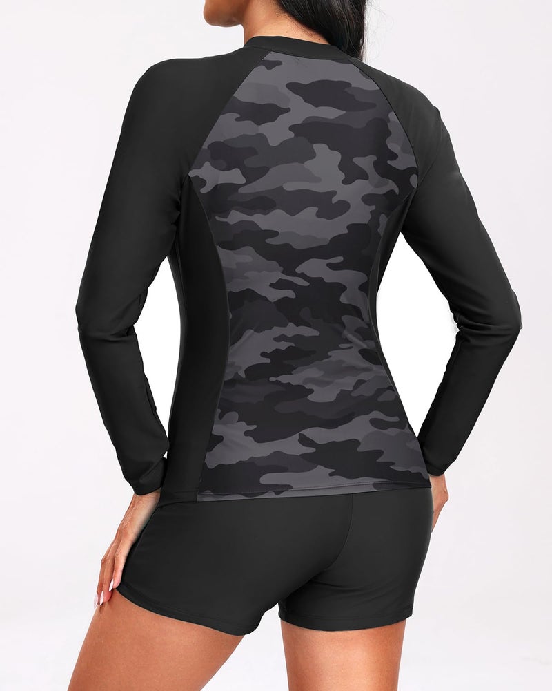 Holipick Camo Long Sleeve Swimsuits for Women - 3 Piece Rash Guard with Shorts Zipper SPF Swim Shirt with Built in Bra M - Image 5