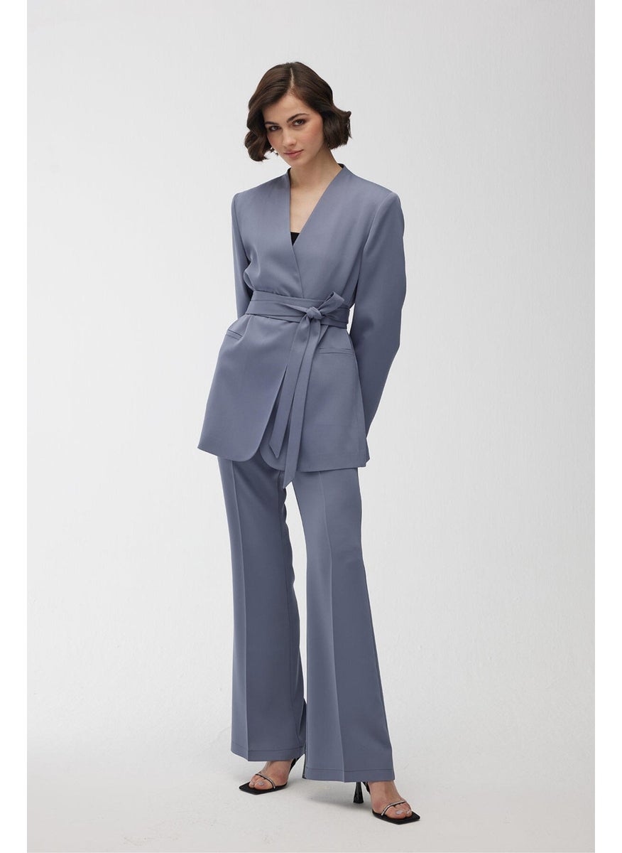 Manuka Satin Flare Leg Trousers Blue  - Image 3