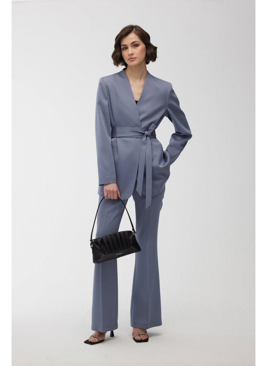 Manuka Satin Flare Leg Trousers Blue  - Image 2