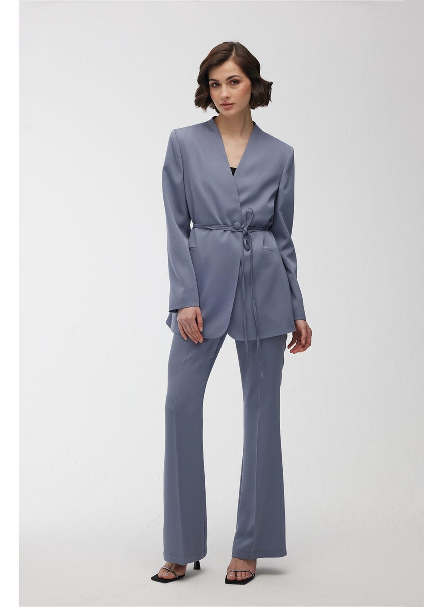 Manuka Satin Flare Leg Trousers Blue  - Image 4
