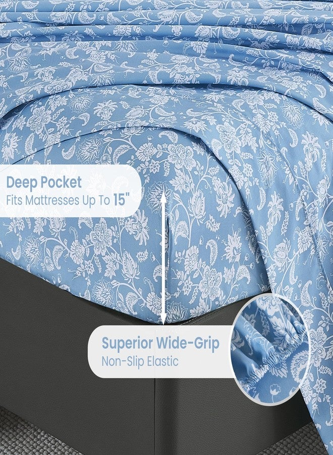 Mooreeke Cozy Vintage Microfiber Printed King Sheet Set - Soft & Breathable Percale Blue Paisley Bed Sheets with Extra Deep Pocket - Non-Slip Fitted Design - Blue Flower Pattern - King - Image 5