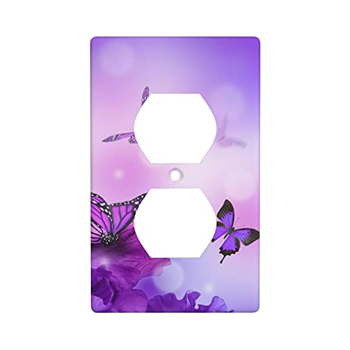 Fovanxixi Purple Flower Butterfly Duplex Wall Plates Covers, Electrical Outlet Covers, Standard Size 1 Gang 4.50" X 2.76", Light Switch Cover Electric Receptacle Plug Covers - Image 1