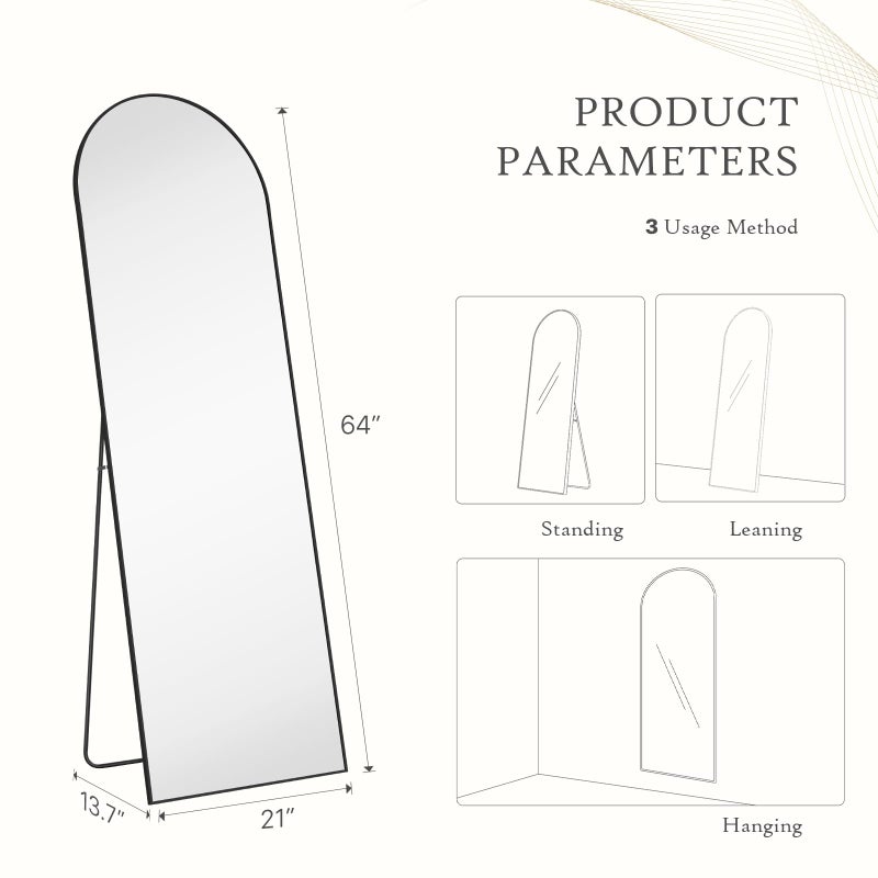 Aidoly Arched Mirror Full Length, Upgraded 21"x64" Body Wall Mirrors with Shatter-Proof Glass, Floor Standing, Hanging or Leaning, Tall Arch Mirror with Stand Aluminum Alloy Frame for Bedroom, Gold - Image 2