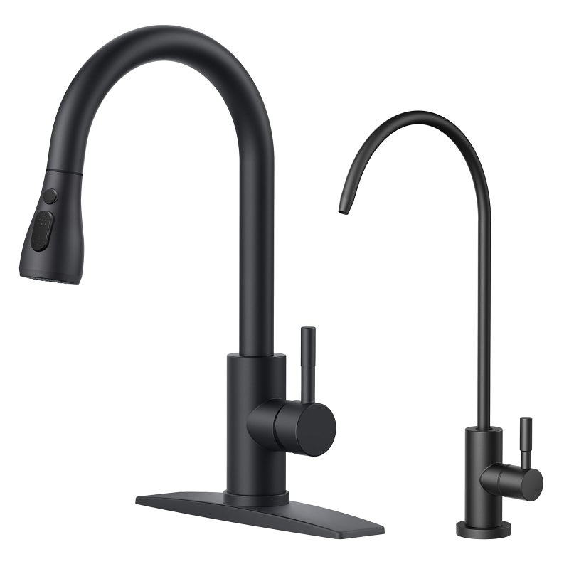 FORIOUS Kitchen Faucet and Water Filter Faucet Combo Black Stainless Steel Bar Faucet Pull Down Sprayer and Drinking Purifier Faucet for Kitchen Sink RV Farmhouse Camper