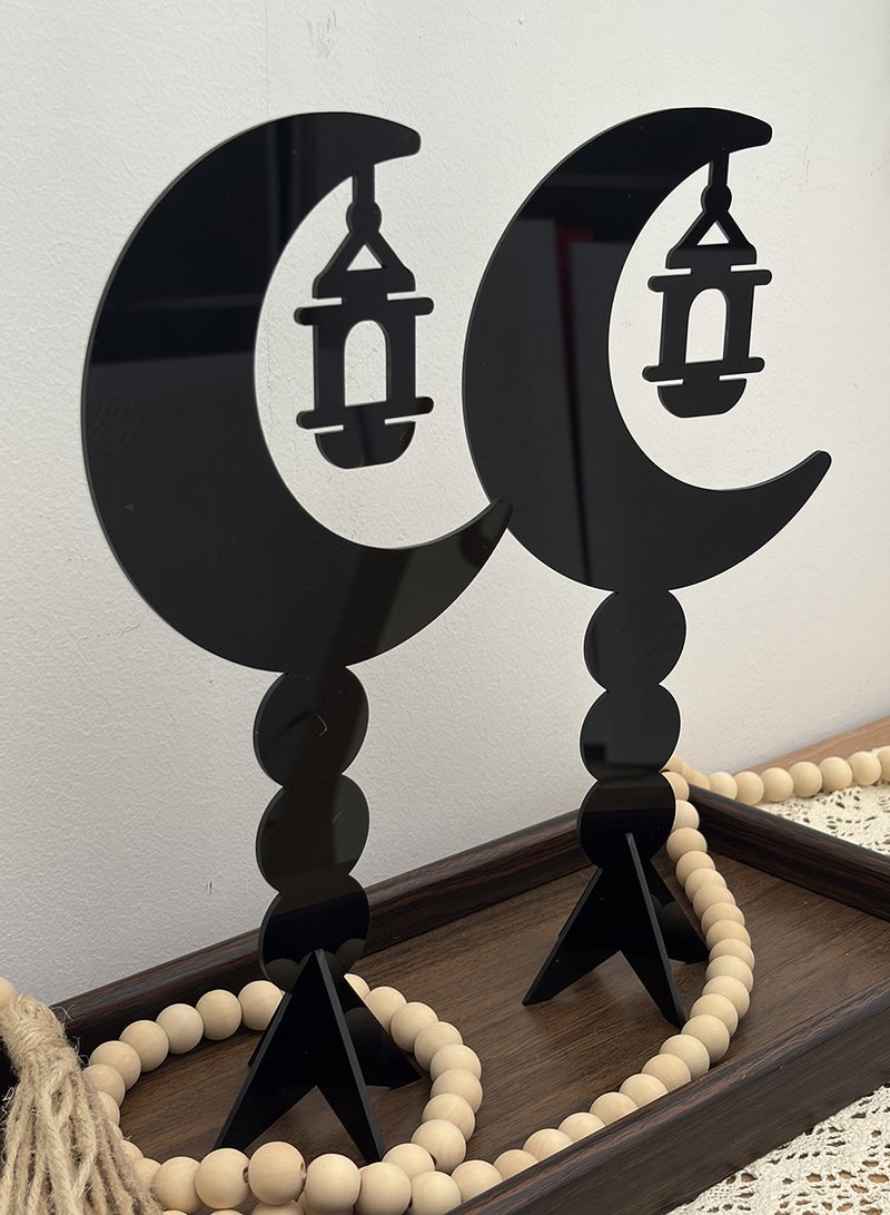 لوحة مجموعة من قطعتين ستاند ديكور من الأكريليك على شكل هلال يحمل فانوس رمضان - Image 1